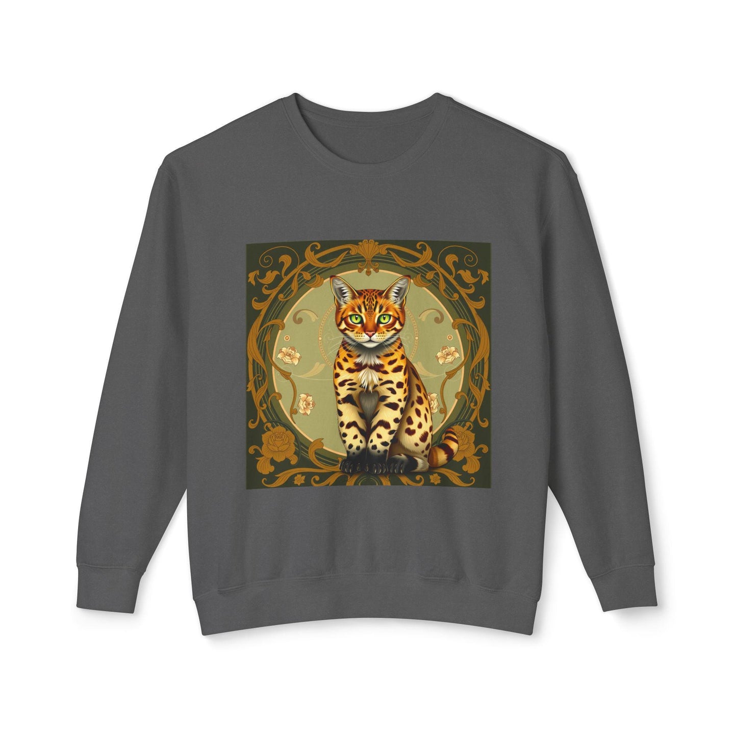 Bengal Cat Art Nouveau Sweatshirt-Vintage Aesthetic, Elegant Cat Lover Gift, Alphonse Mucha Inspired Apparel, Cozy Retro Pullover