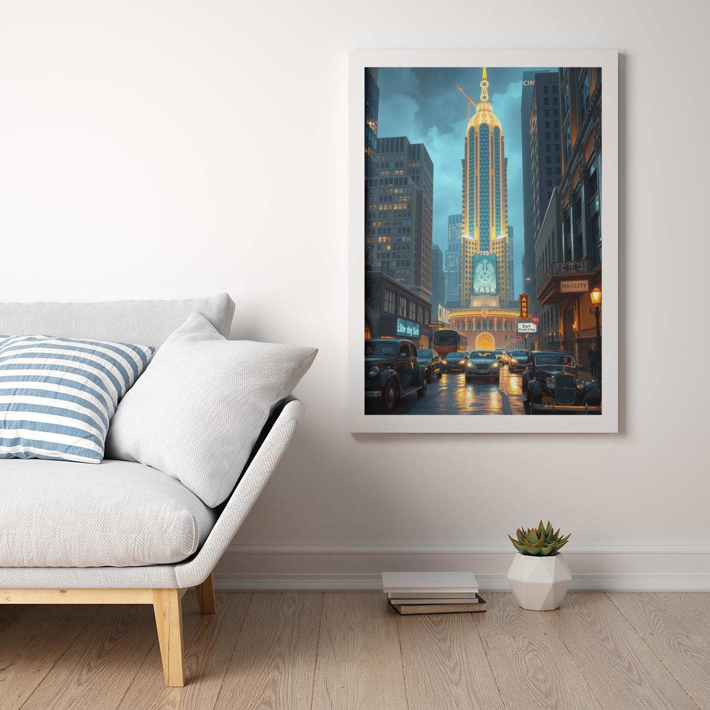 Art Deco Cityscape Wall Art - 1920s Glamour Night Scene, Golden Skyline, Luxury Home Decor Print