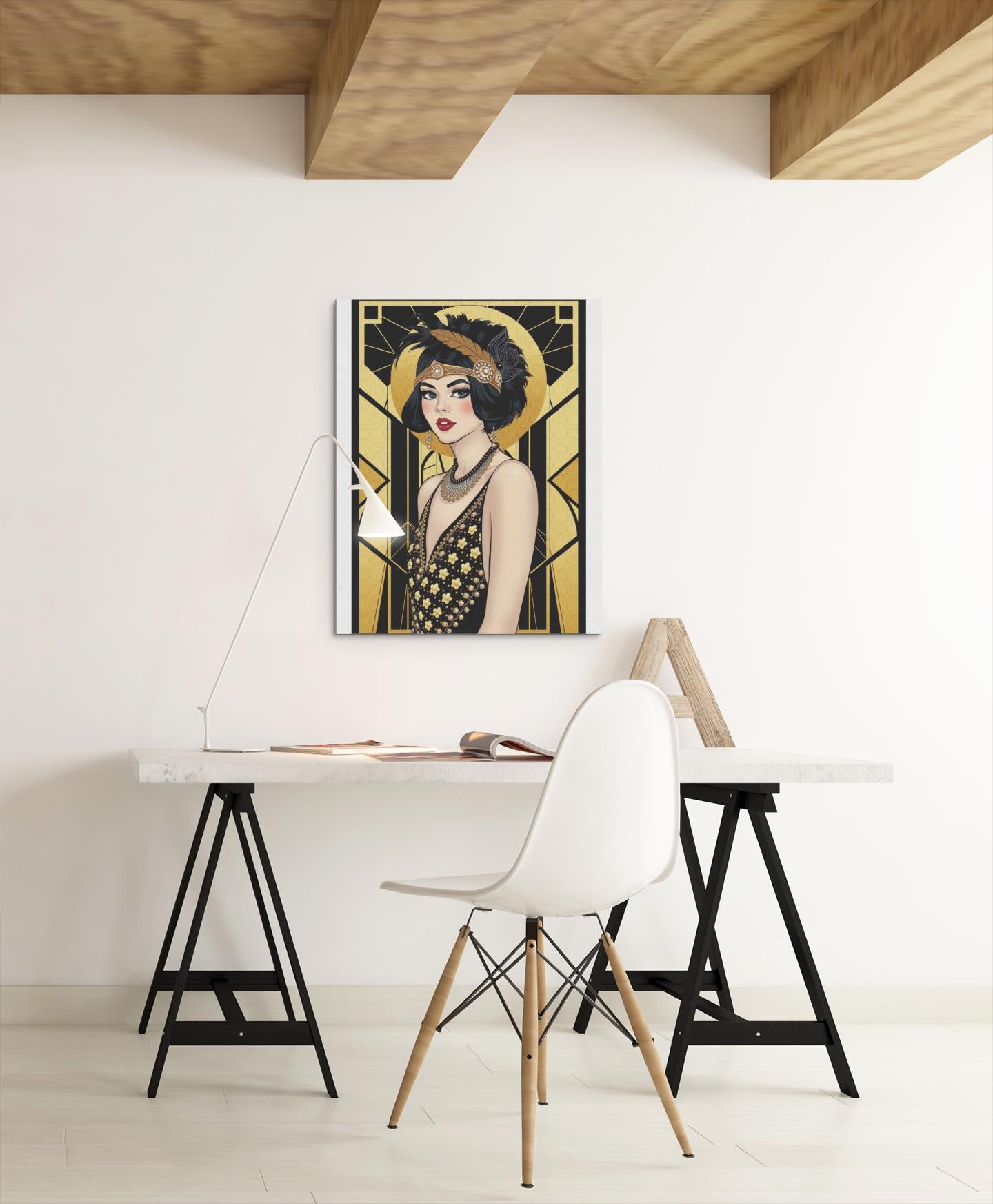 Flapper Woman Art Deco Wall Art - Vintage 1920s Fashion, Elegant Gold & Black, Glamorous Home Poster