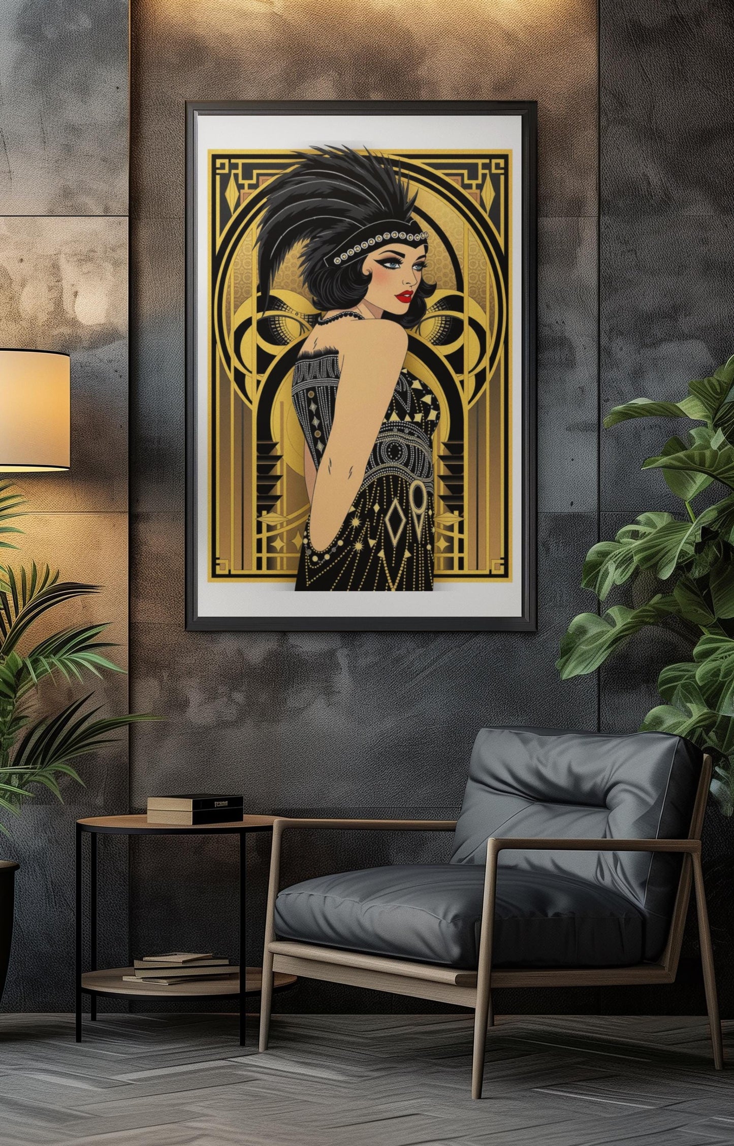 Flapper Woman Art Deco Wall Art - Vintage 1920s Fashion, Elegant Gold & Black, Glamorous Home Poster