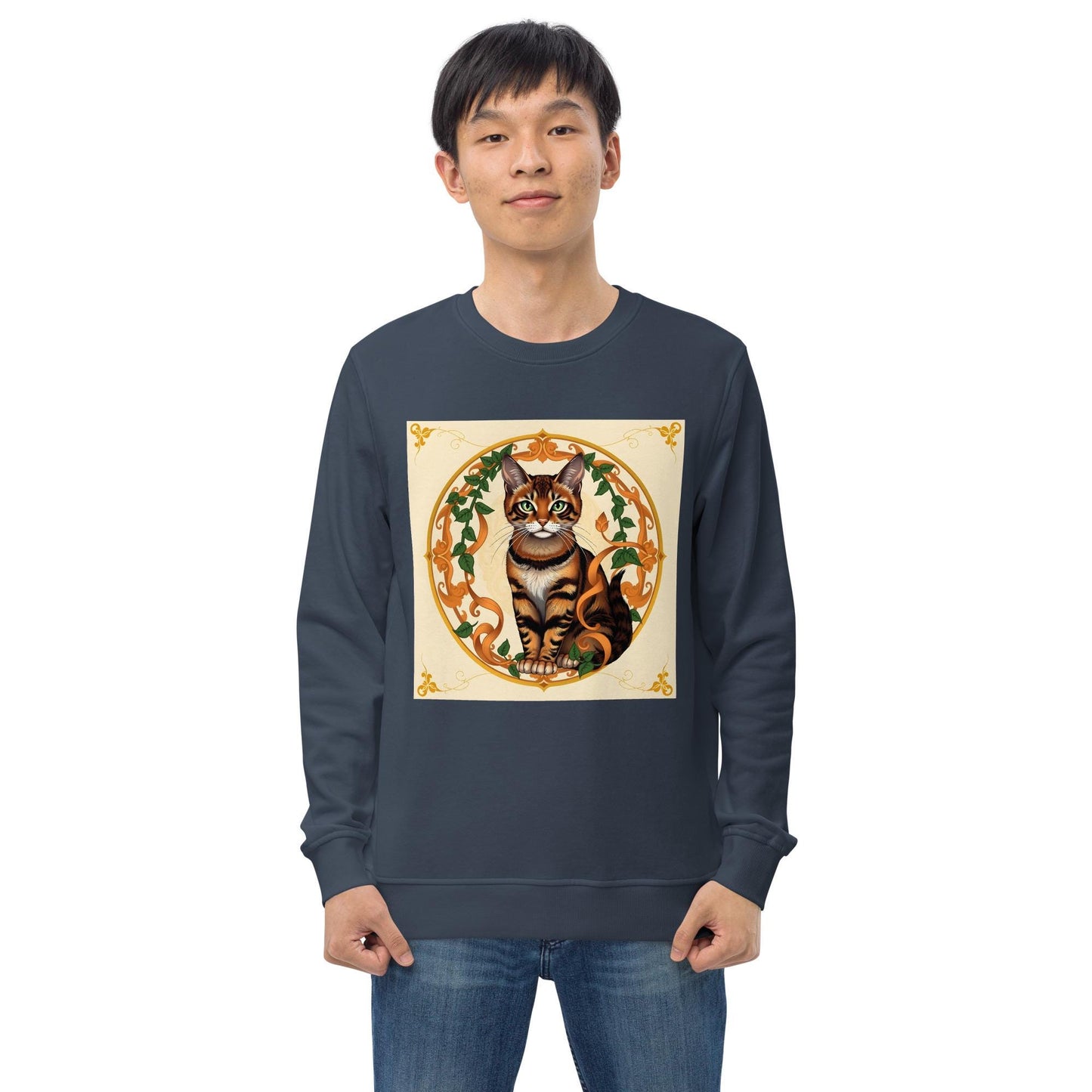 Regal Bengal Cat Art Nouveau Sweatshirt Golden Halo Retro Cat Apparel, Elegant Animal Lover Gift, Soft Vintage Aesthetic Pullover