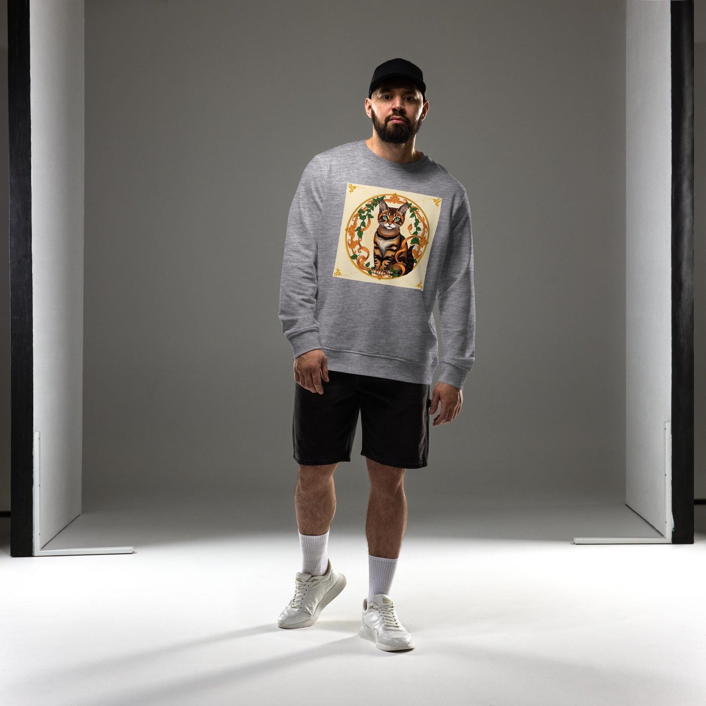 Regal Bengal Cat Art Nouveau Sweatshirt Golden Halo Retro Cat Apparel, Elegant Animal Lover Gift, Soft Vintage Aesthetic Pullover
