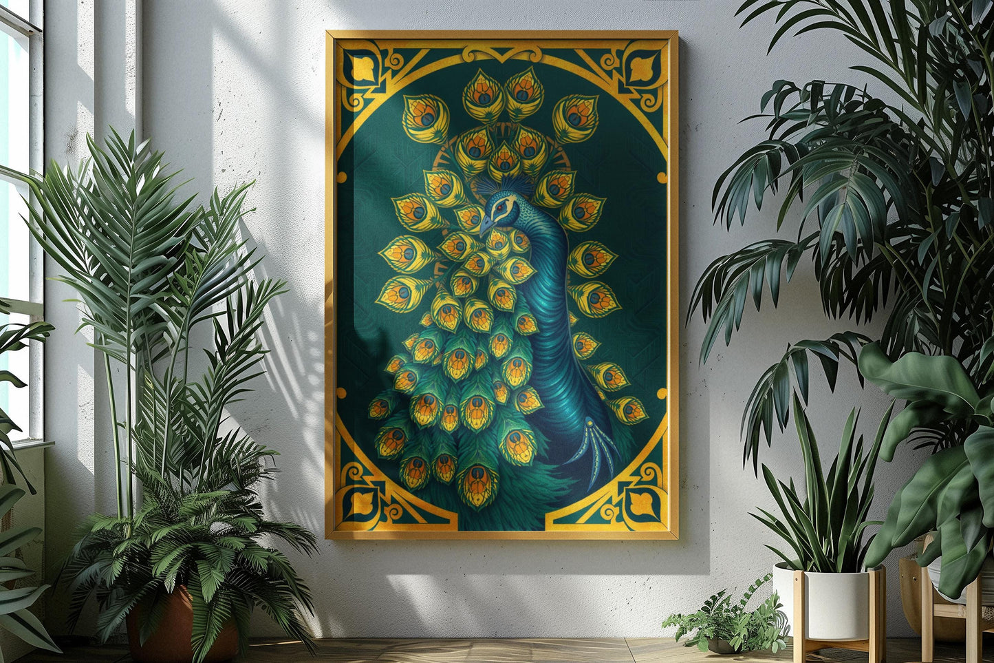 Elegant Peacock Art Deco Wall Art - Vintage 1920s Style, Geometric Gold Feathers, Luxury Poster Print