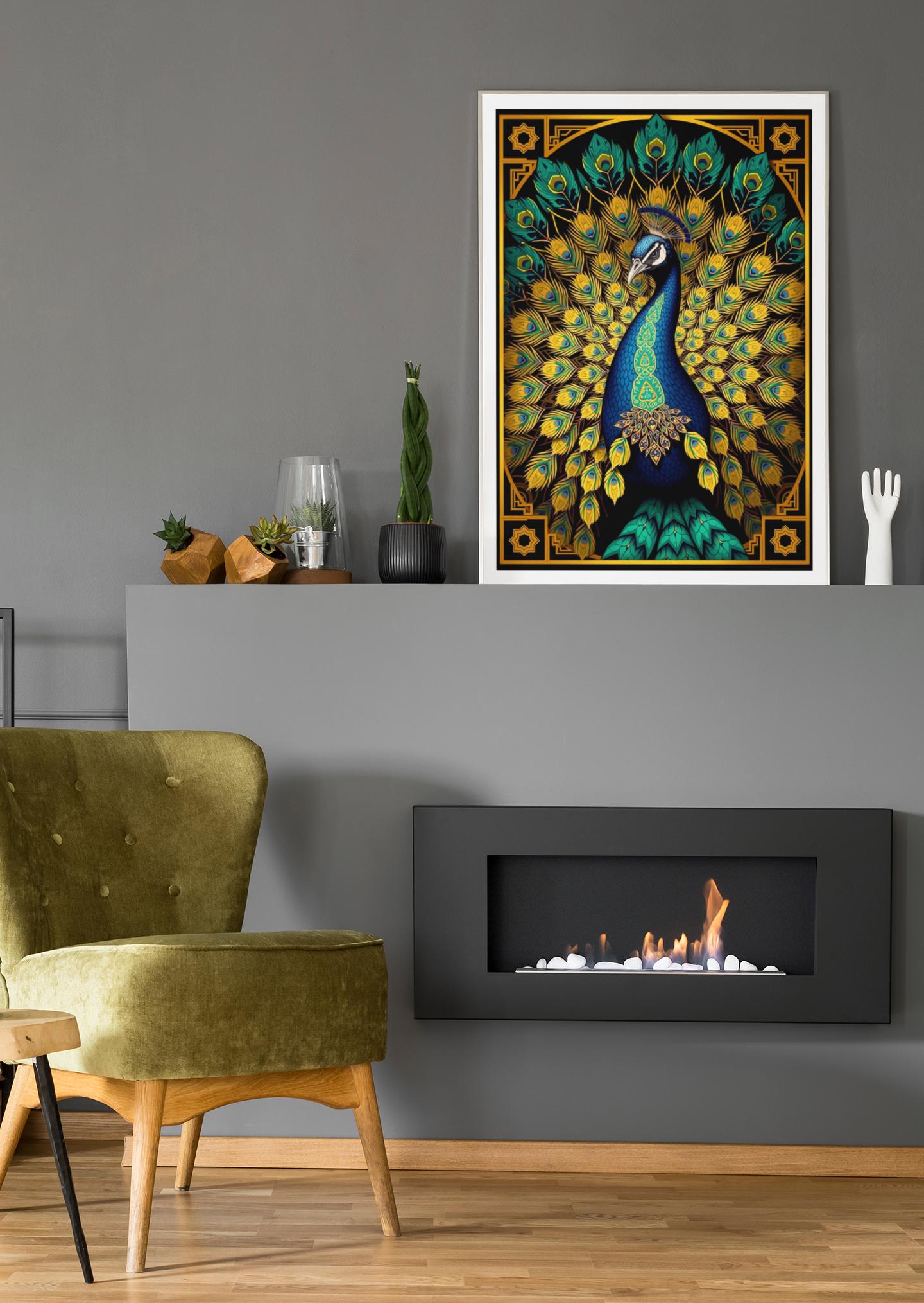 Elegant Peacock Art Deco Wall Art - Vintage 1920s Style, Geometric Gold Feathers, Luxury Poster Print