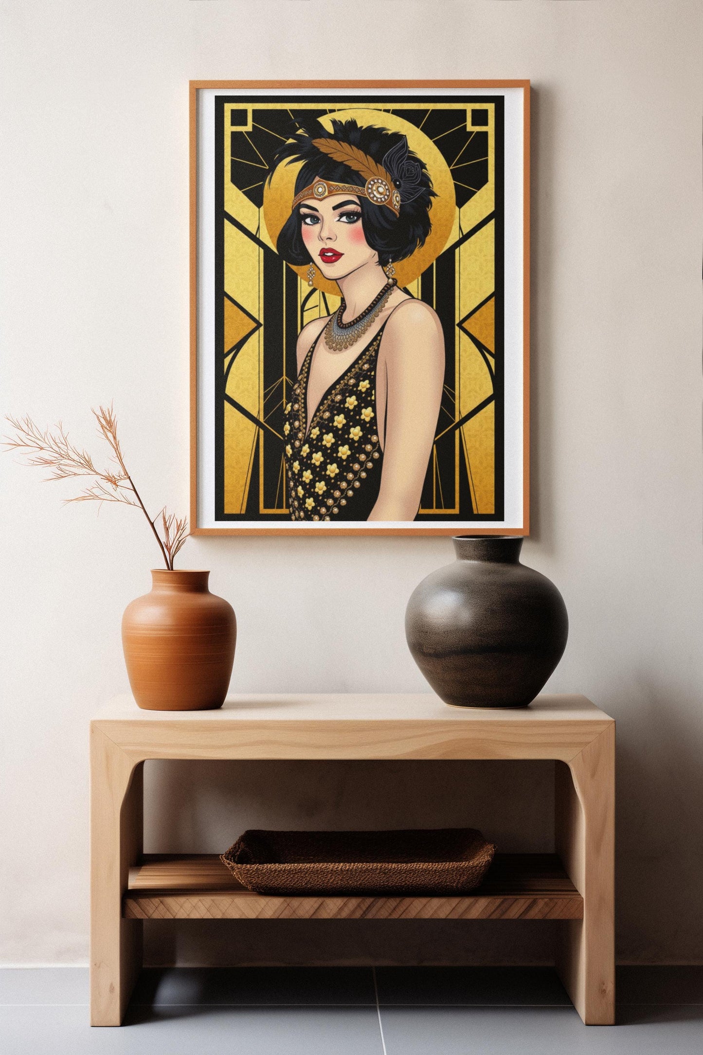 Flapper Woman Art Deco Wall Art - Vintage 1920s Fashion, Elegant Gold & Black, Glamorous Home Poster
