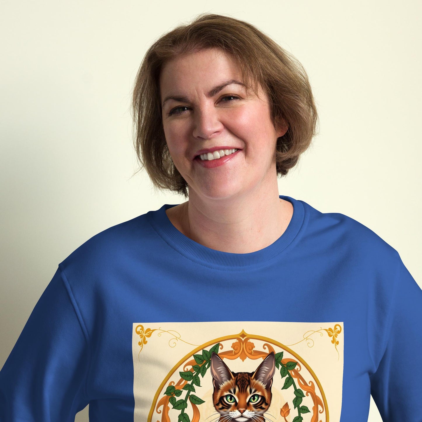 Regal Bengal Cat Art Nouveau Sweatshirt Golden Halo Retro Cat Apparel, Elegant Animal Lover Gift, Soft Vintage Aesthetic Pullover