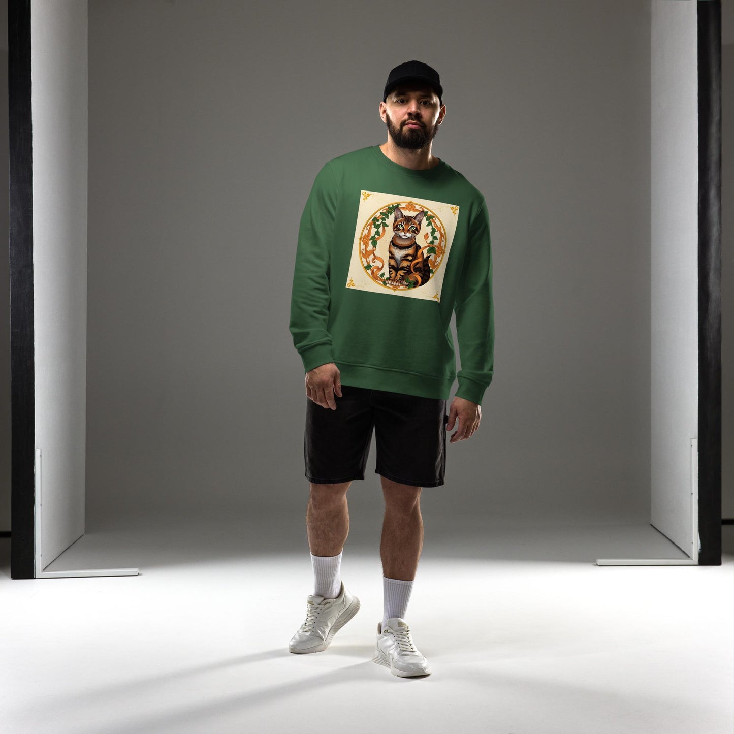 Regal Bengal Cat Art Nouveau Sweatshirt Golden Halo Retro Cat Apparel, Elegant Animal Lover Gift, Soft Vintage Aesthetic Pullover