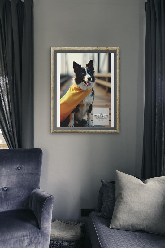 Border Collie Superhero Wall Art - Dog Lover Poster - Heroic Pet Decor - Yellow Cape Dog Print - Unique Gift for Dog Owners