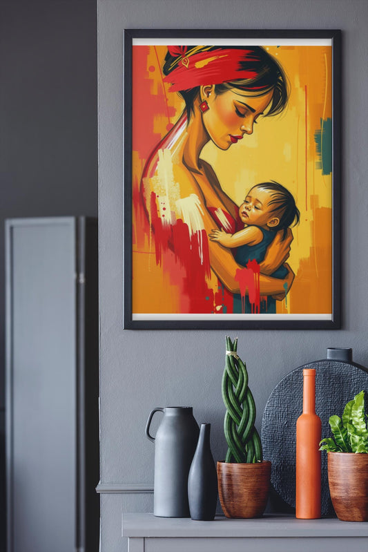 Abstract Motherhood Art Print - Expressive Mom & Child Painting - Unique Mothers Day Gift - Colourful Wall Art