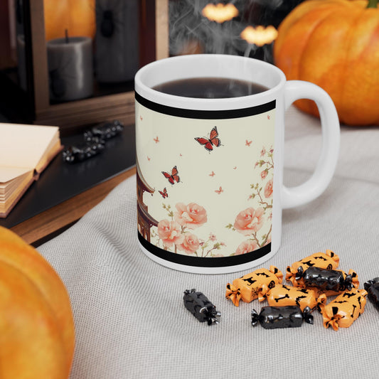 Chinoiserie Mug - Butterfly & Floral Pagoda Design - Classic Asian-Inspired Coffee Cup - Elegant Artwork for Home and Wall Art