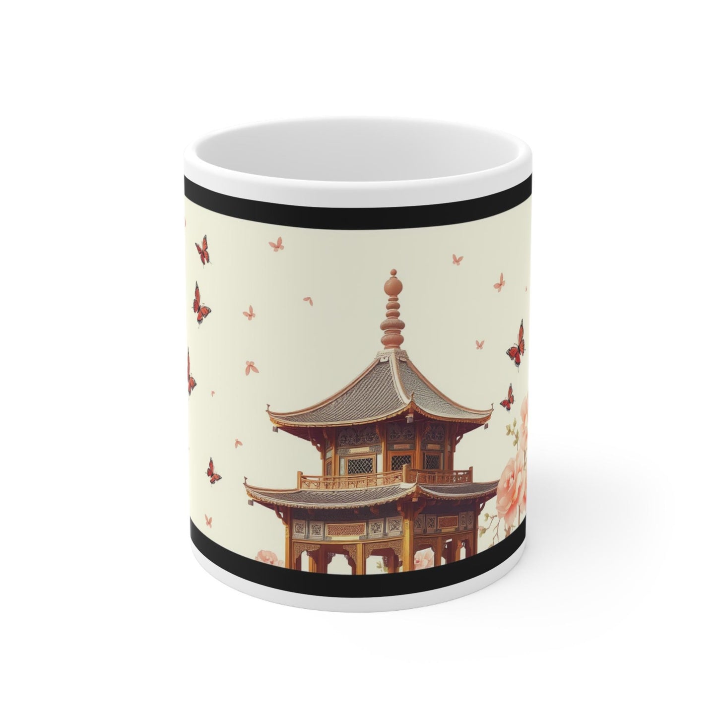 Chinoiserie Mug - Butterfly & Floral Pagoda Design - Classic Asian-Inspired Coffee Cup - Elegant Artwork for Home and Wall Art