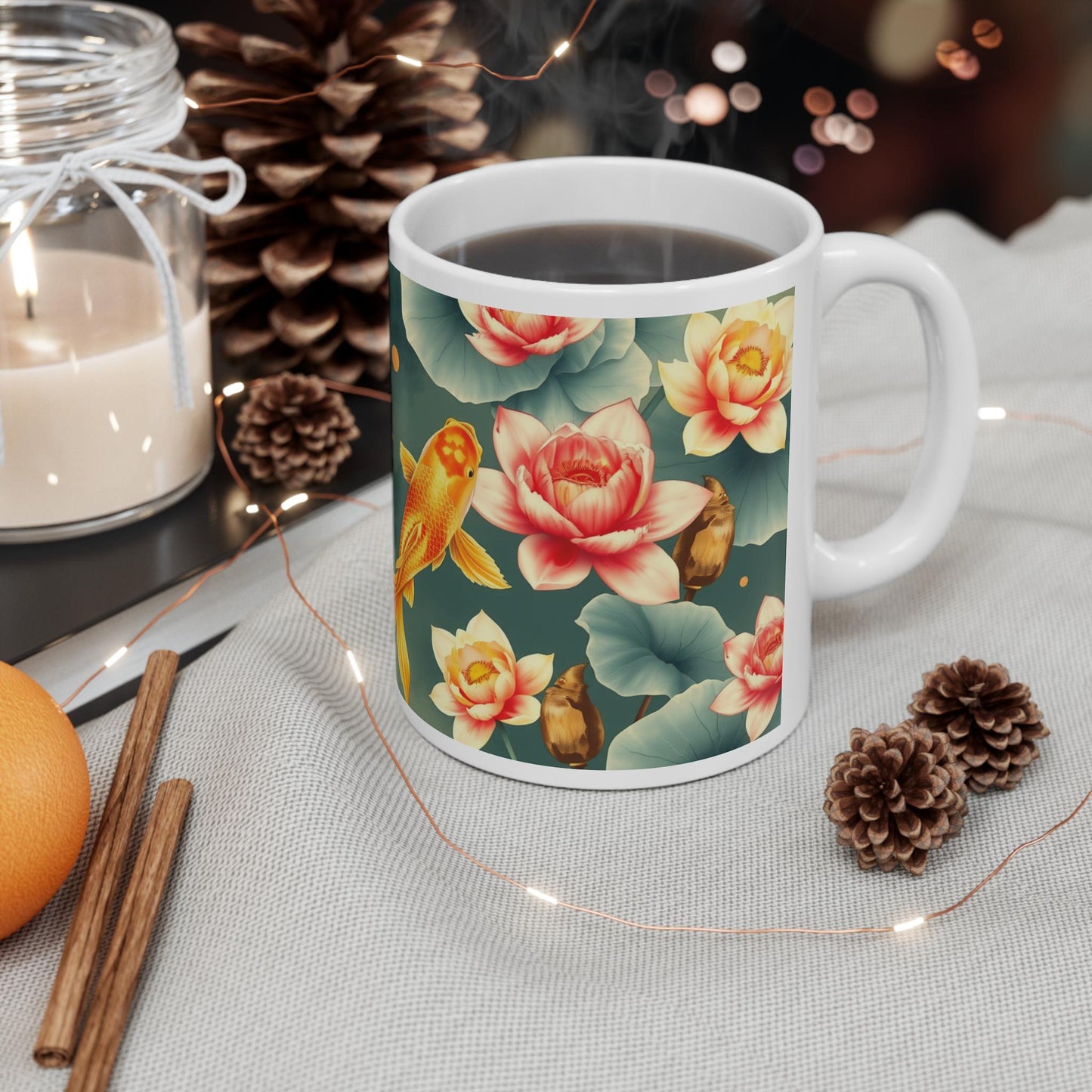 Chinoiserie Mug  Koi Fish & Lotus Floral Tea Cup - Serene Asian-Inspired Art - Pairs with Chinoiserie Wall Art and Home Decor