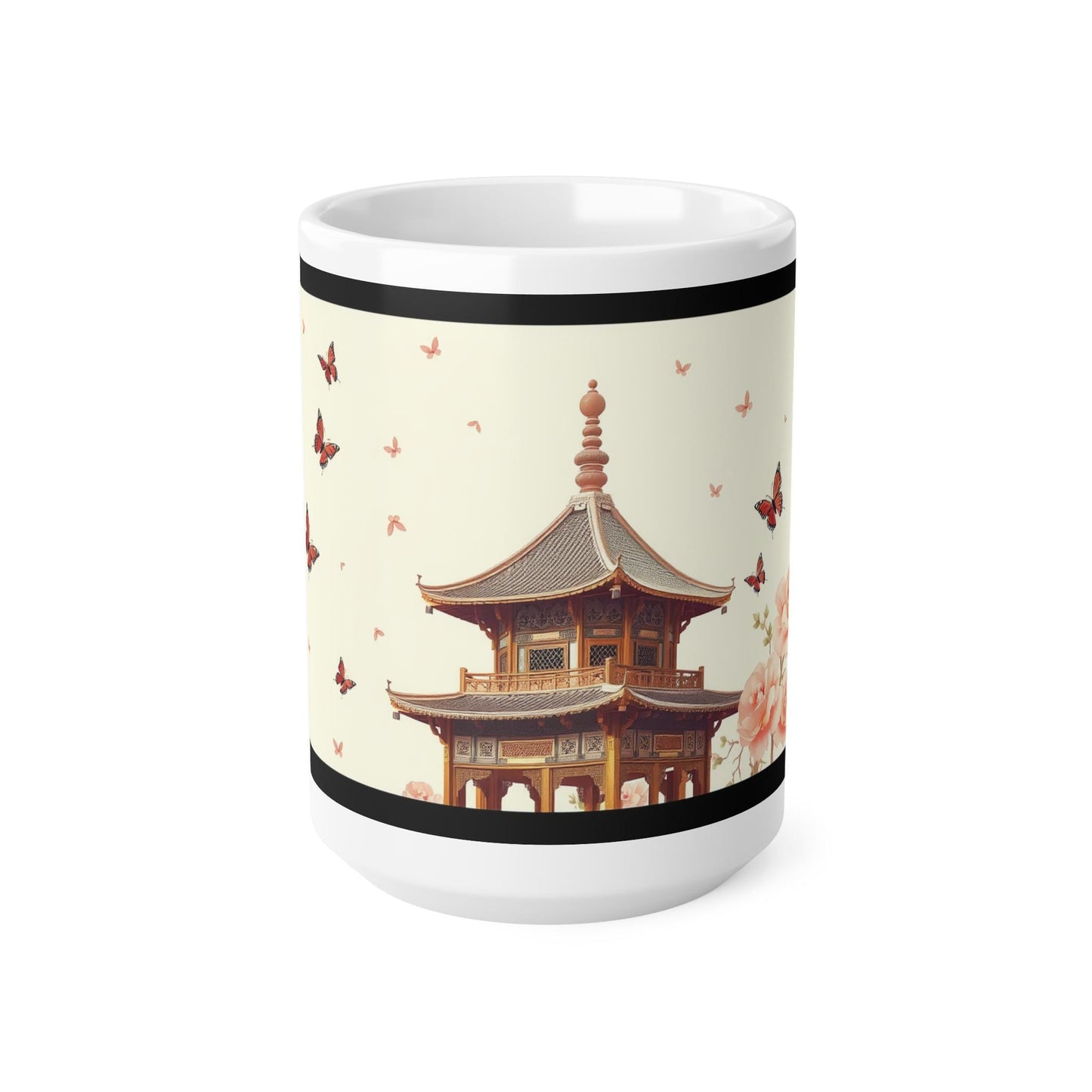 Chinoiserie Mug - Butterfly & Floral Pagoda Design - Classic Asian-Inspired Coffee Cup - Elegant Artwork for Home and Wall Art