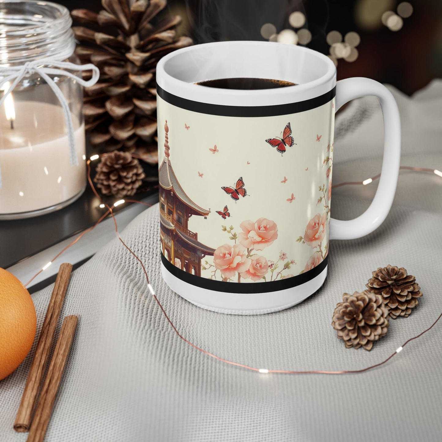 Chinoiserie Mug - Butterfly & Floral Pagoda Design - Classic Asian-Inspired Coffee Cup - Elegant Artwork for Home and Wall Art