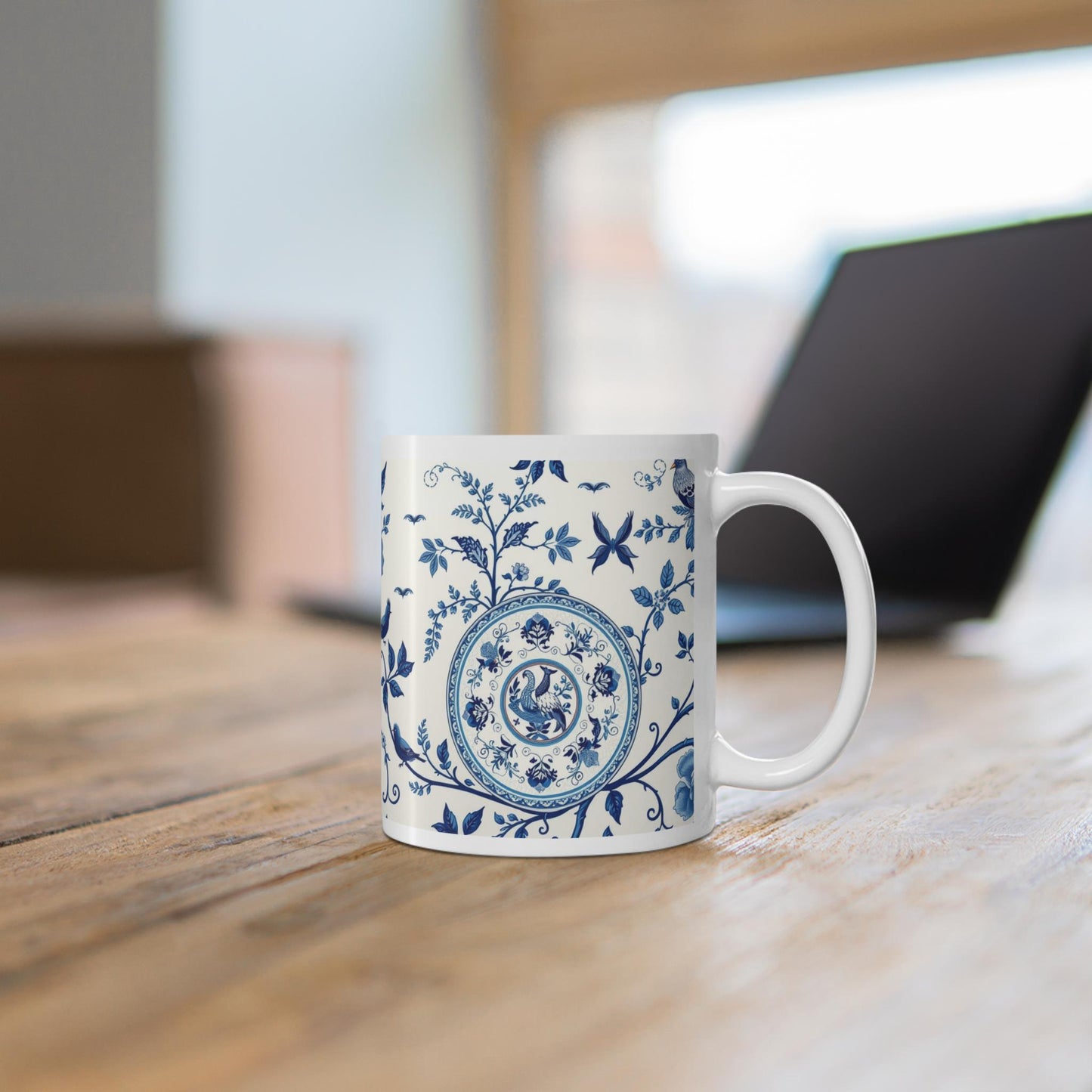 Chinoiserie Mug - Blue & White Floral Porcelain Style - Elegant Coffee Cup  Inspired by Traditional Wall Art and Home Decor