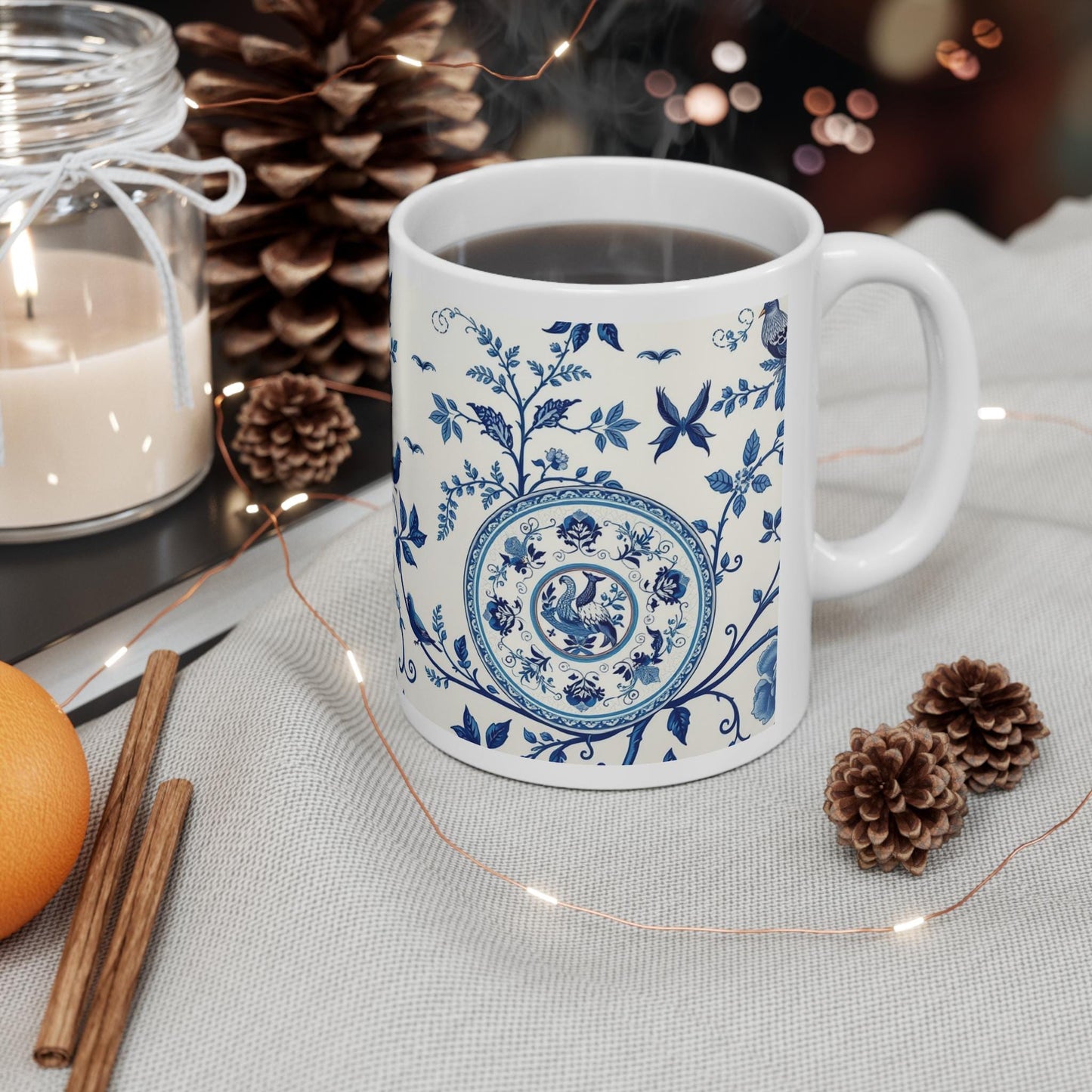 Chinoiserie Mug - Blue & White Floral Porcelain Style - Elegant Coffee Cup  Inspired by Traditional Wall Art and Home Decor