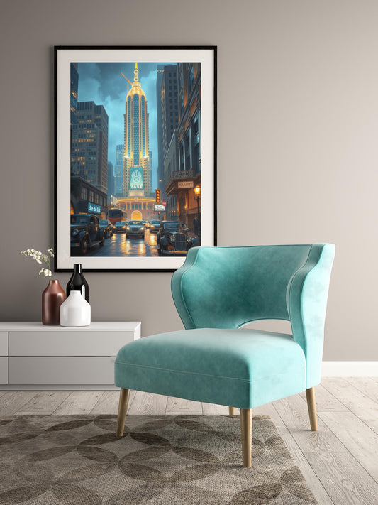 Art Deco Cityscape Wall Art - 1920s Glamour Night Scene, Golden Skyline, Luxury Home Decor Print
