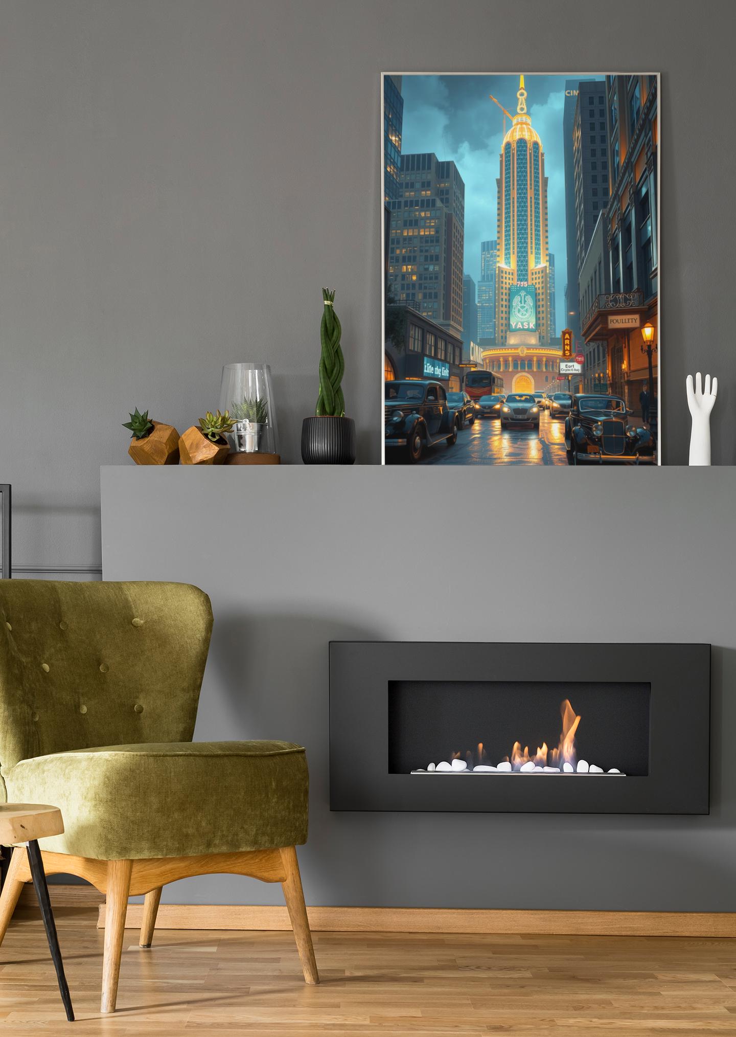 Art Deco Cityscape Wall Art - 1920s Glamour Night Scene, Golden Skyline, Luxury Home Decor Print
