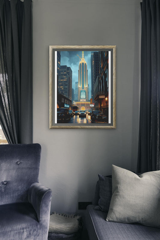 Art Deco Cityscape Wall Art - 1920s Glamour Night Scene, Golden Skyline, Luxury Home Decor Print