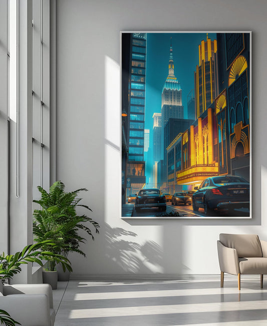 Art Deco Cityscape Wall Art - 1920s Glamour Night Scene, Golden Skyline, Luxury Home Decor Print