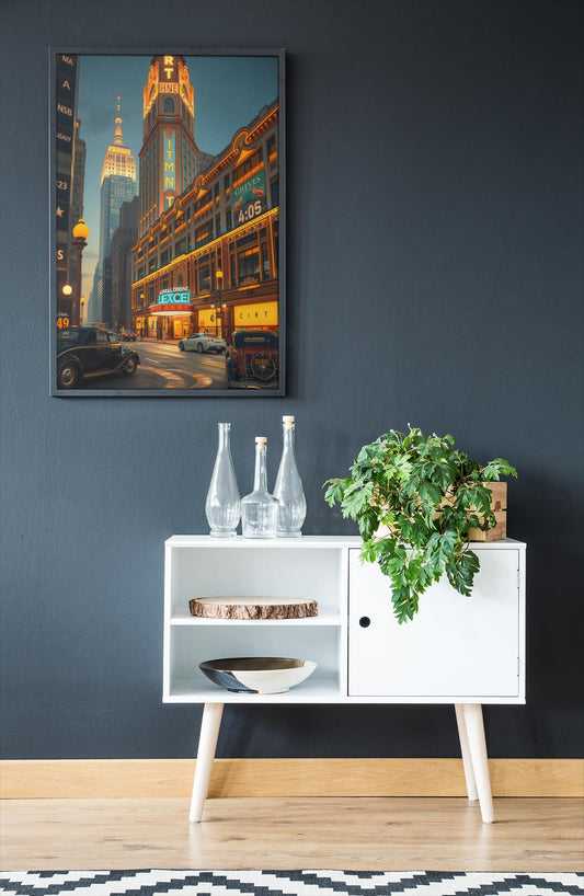 Art Deco Cityscape Wall Art - 1920s Glamour Night Scene, Golden Skyline, Luxury Home Decor Print