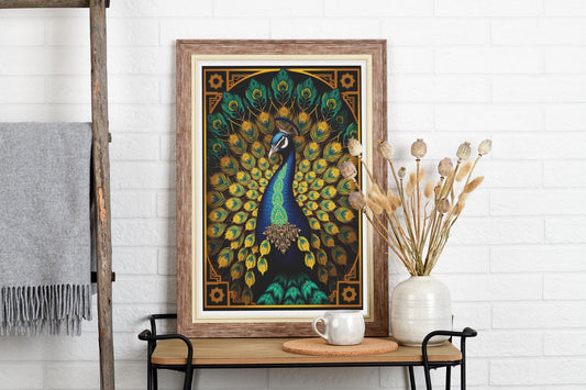 Elegant Peacock Art Deco Wall Art - Vintage 1920s Style, Geometric Gold Feathers, Luxury Poster Print