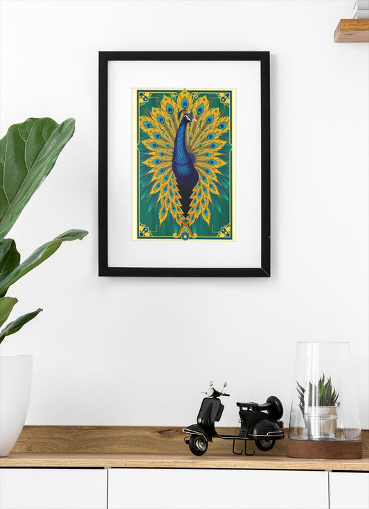 Elegant Peacock Art Deco Wall Art - Vintage 1920s Style, Geometric Gold Feathers, Luxury Poster Print