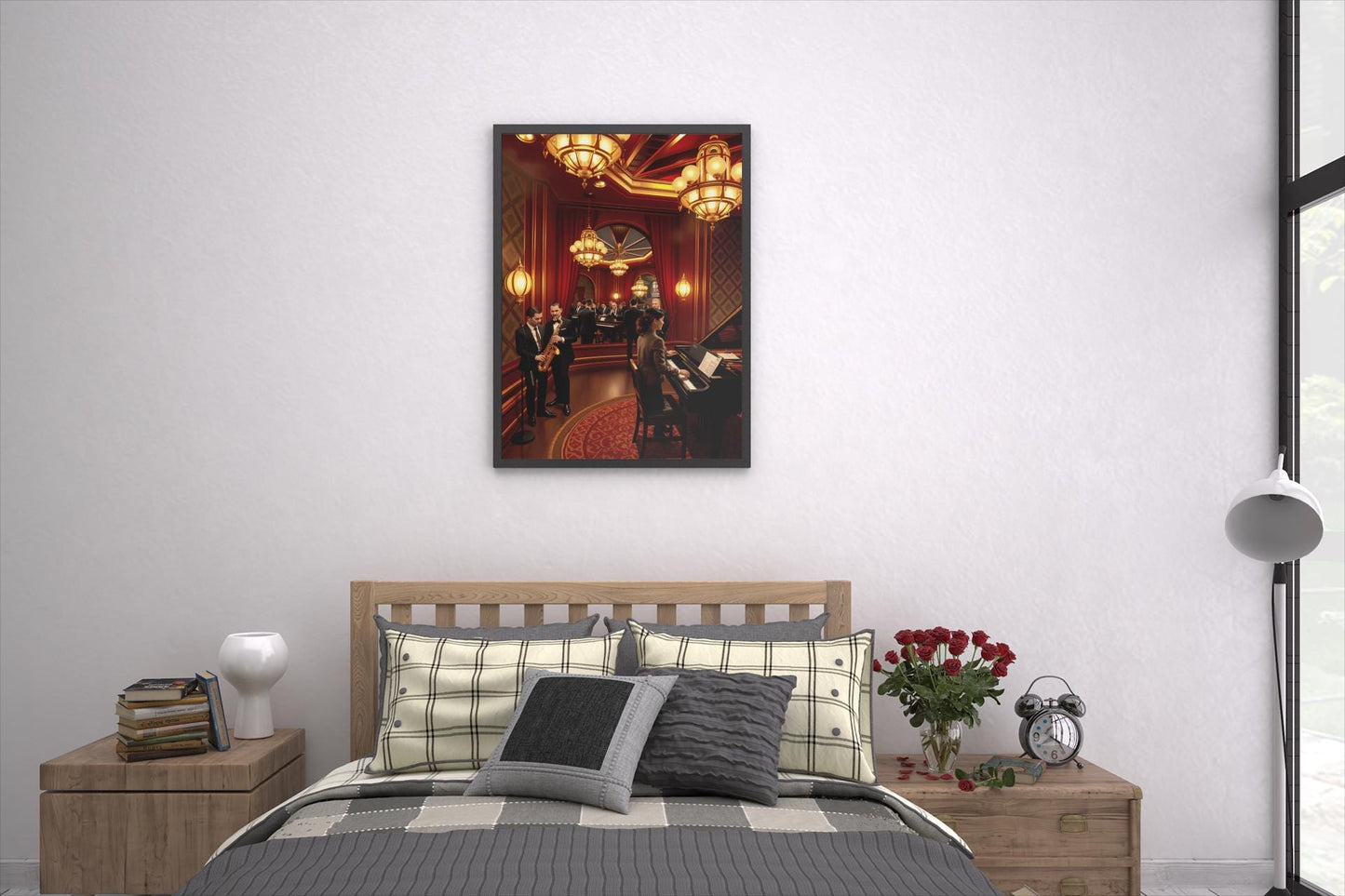 1920s Jazz Club Art Deco Wall Art - Retro Music Scene, Saxophone & Piano, Warm Ambiance Home Decor