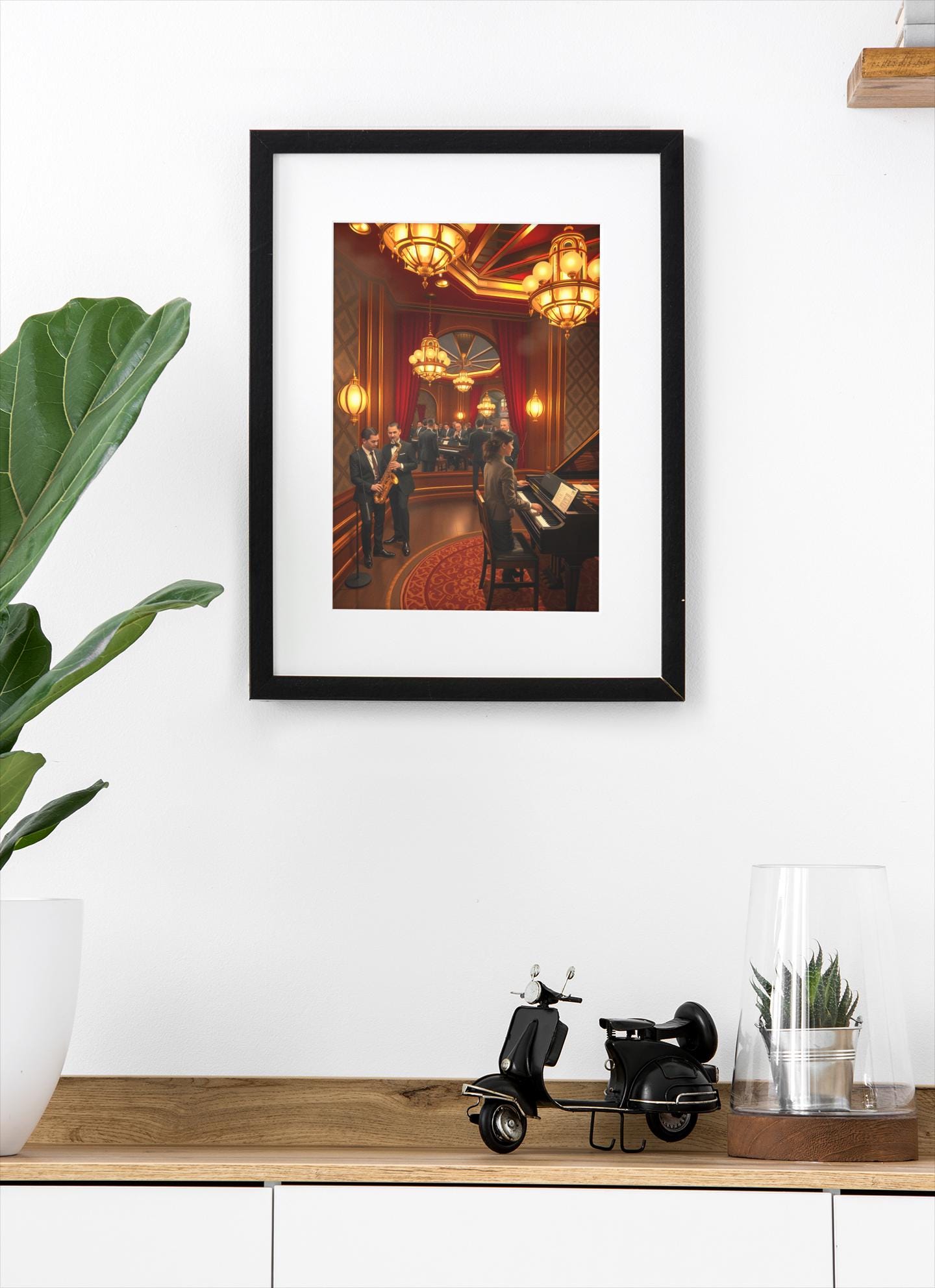 1920s Jazz Club Art Deco Wall Art - Retro Music Scene, Saxophone & Piano, Warm Ambiance Home Decor