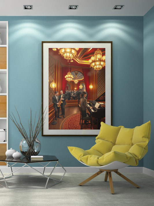 1920s Jazz Club Art Deco Wall Art - Retro Music Scene, Saxophone & Piano, Warm Ambiance Home Decor