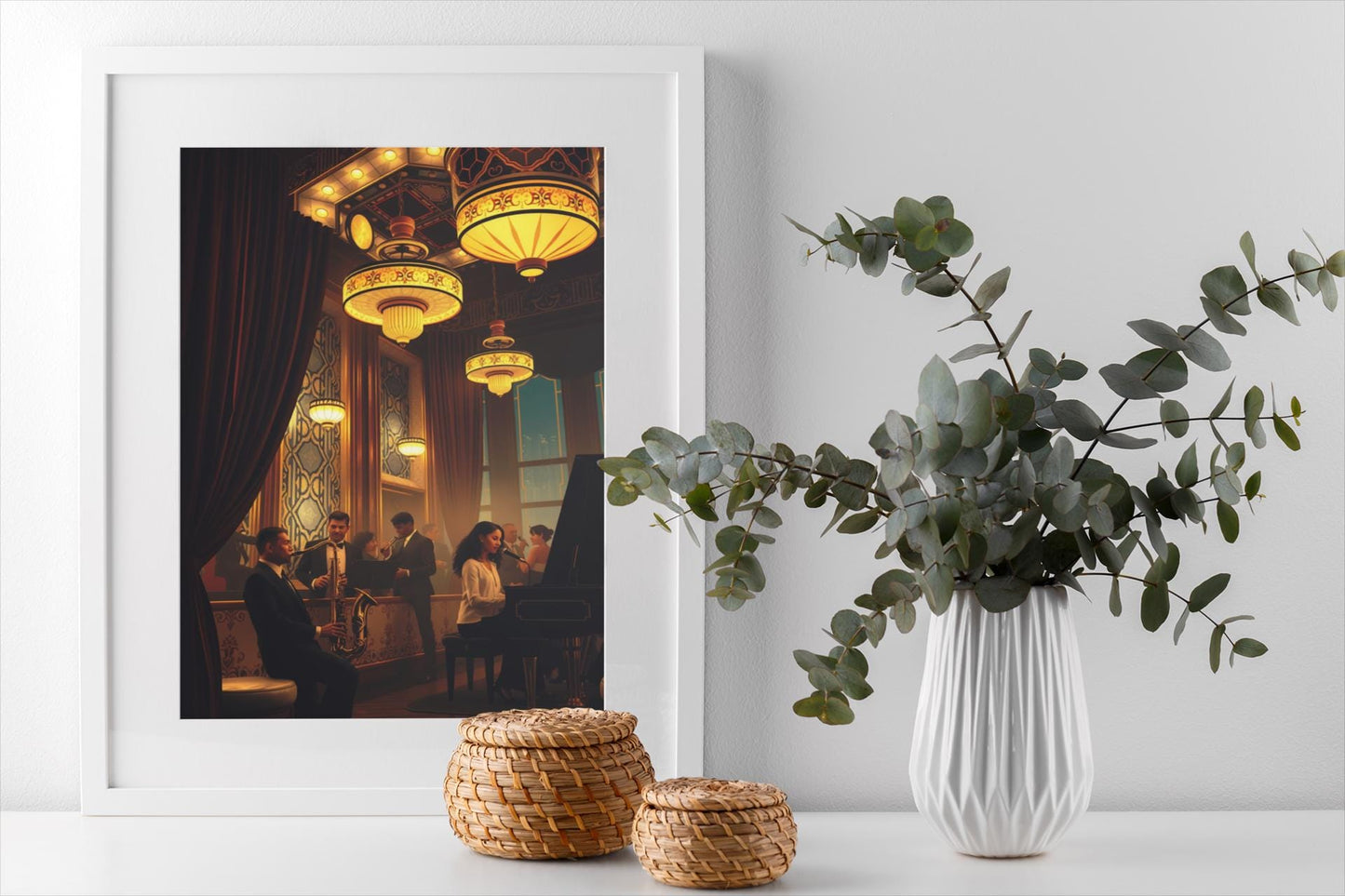 1920s Jazz Club Art Deco Wall Art - Retro Music Scene, Saxophone & Piano, Warm Ambiance Home Decor