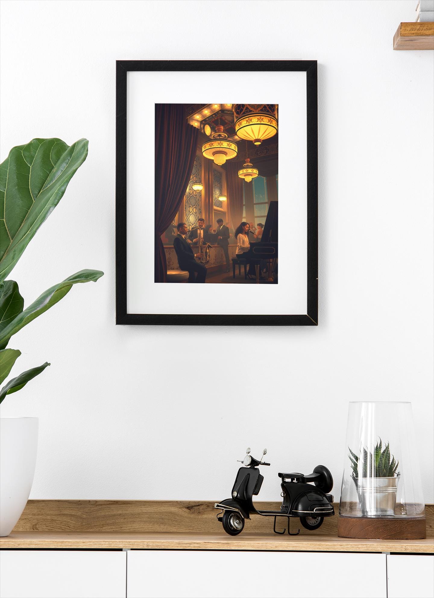 1920s Jazz Club Art Deco Wall Art - Retro Music Scene, Saxophone & Piano, Warm Ambiance Home Decor