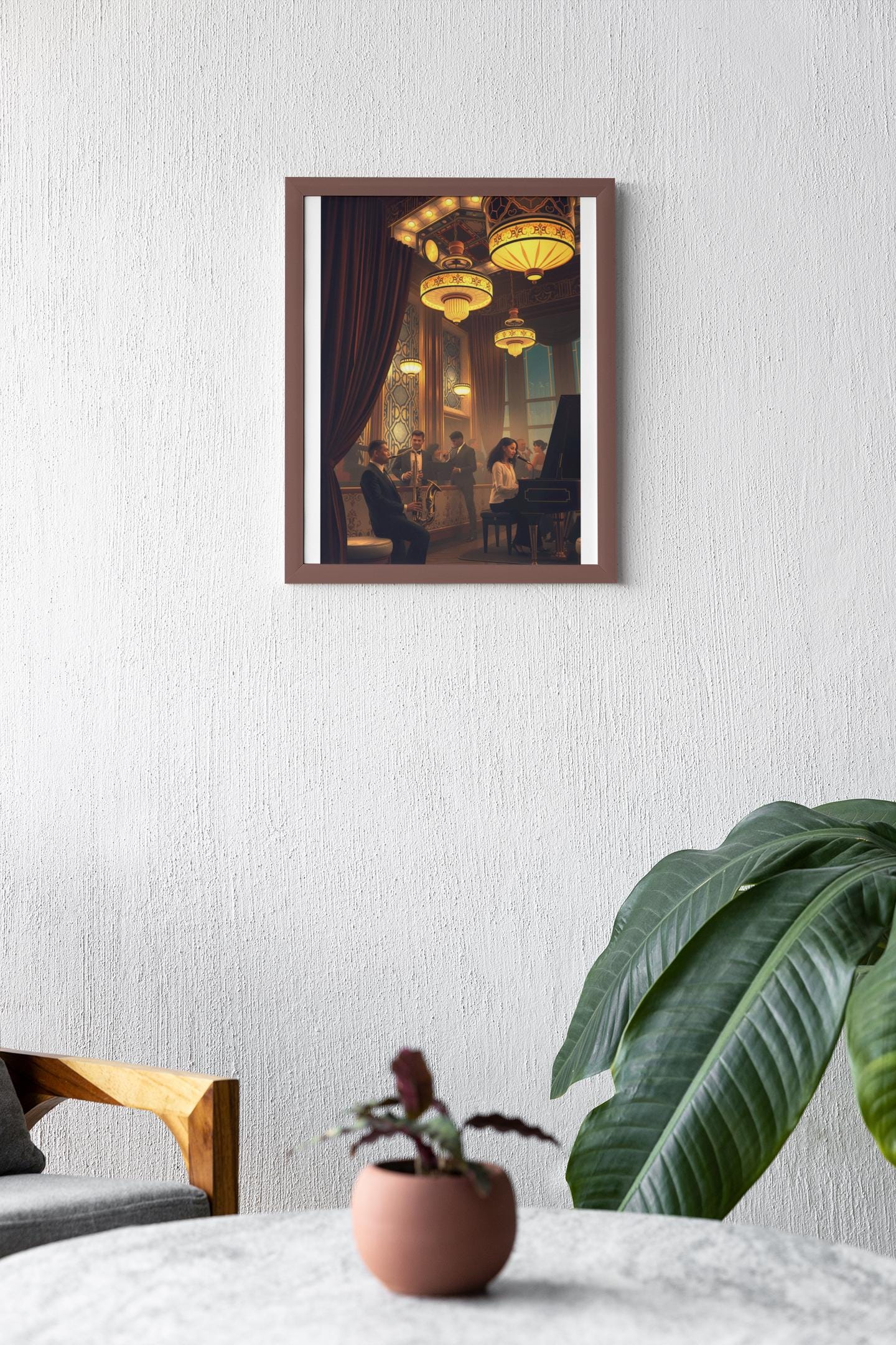 1920s Jazz Club Art Deco Wall Art - Retro Music Scene, Saxophone & Piano, Warm Ambiance Home Decor