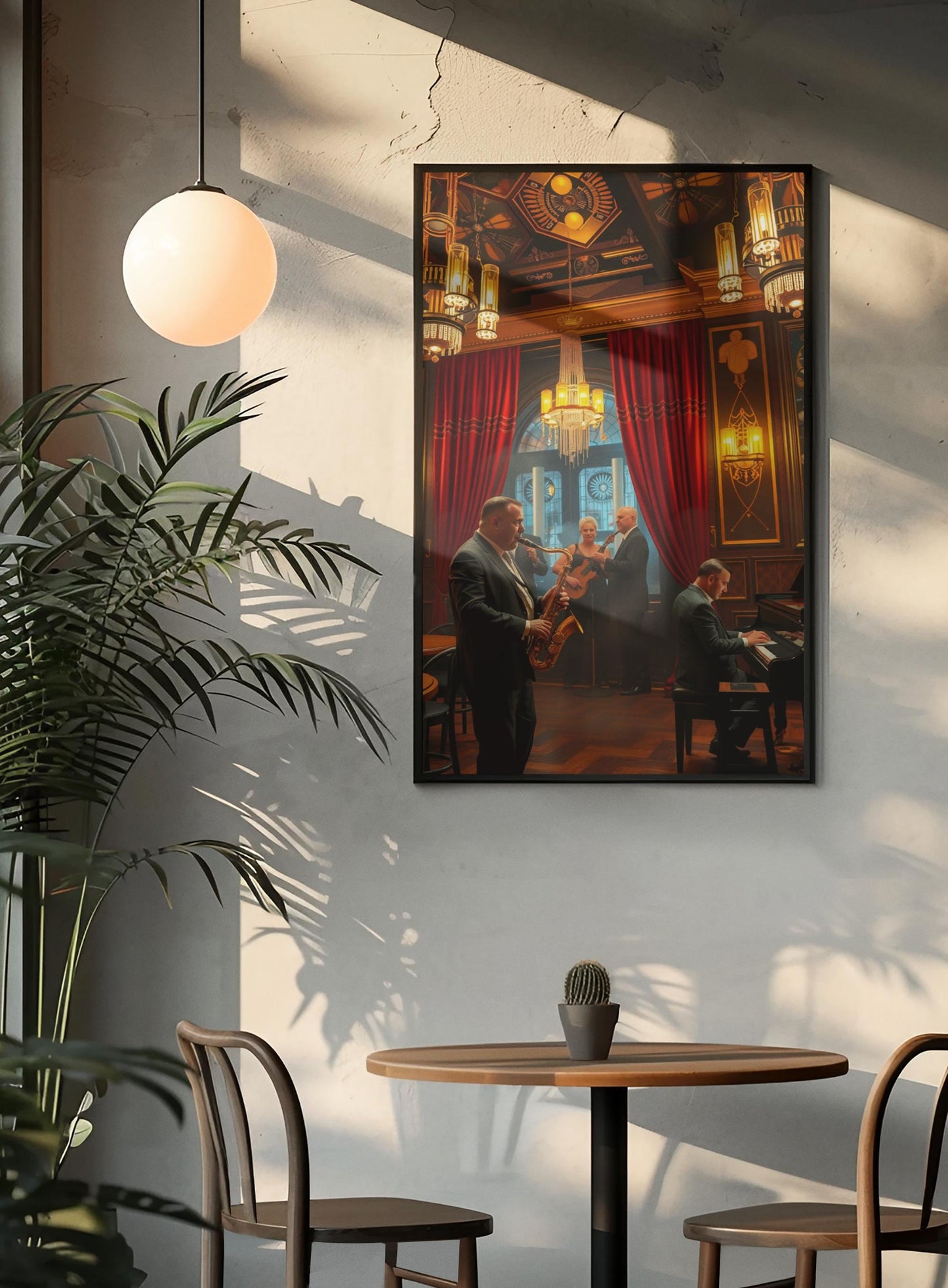 1920s Jazz Club Art Deco Wall Art - Retro Music Scene, Saxophone & Piano, Warm Ambiance Home Decor