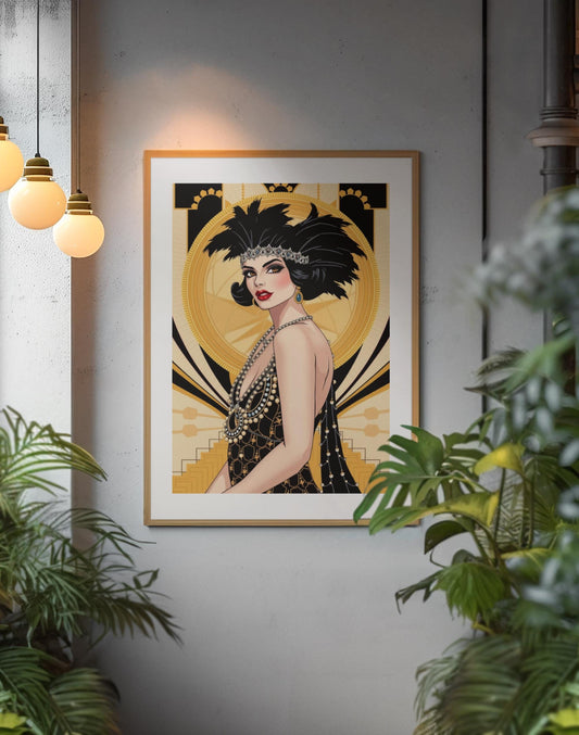 Flapper Woman Art Deco Wall Art - Vintage 1920s Fashion, Elegant Gold & Black, Glamorous Home Poster