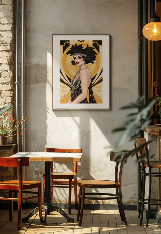 Flapper Woman Art Deco Wall Art - Vintage 1920s Fashion, Elegant Gold & Black, Glamorous Home Poster