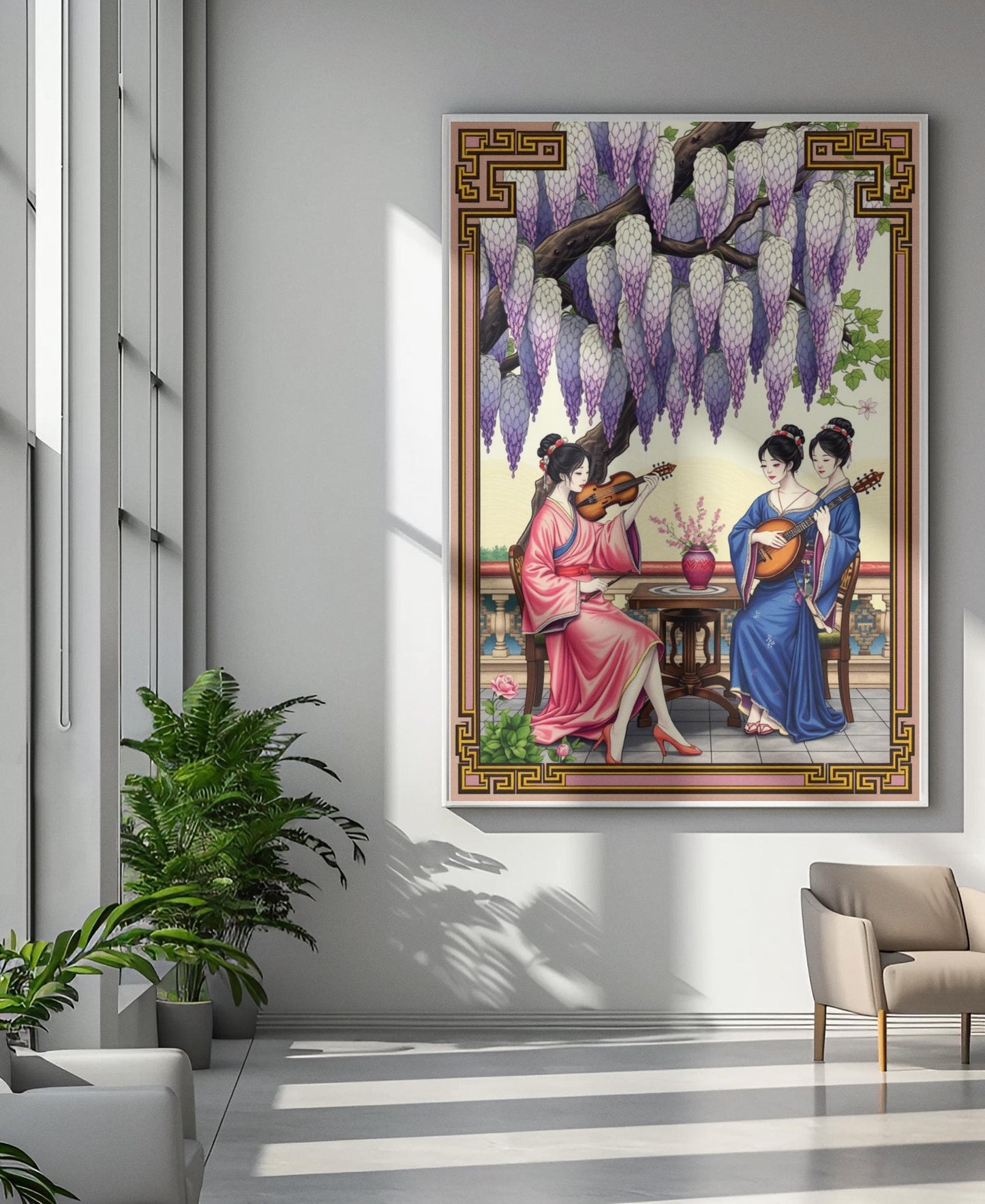 Regal Chinoiserie Wall Art  Imperial Palace Poster, Silk Robe Ladies, Traditional Chinese Watercolor Print, Elegant Home Decor
