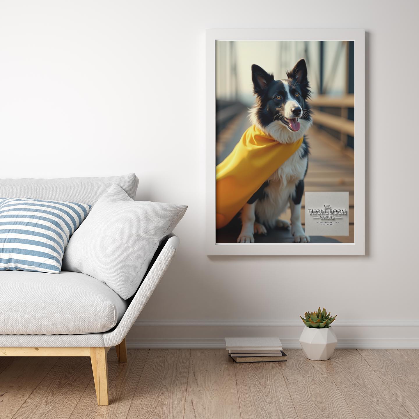 Border Collie Superhero Wall Art - Dog Lover Poster - Heroic Pet Decor - Yellow Cape Dog Print - Unique Gift for Dog Owners