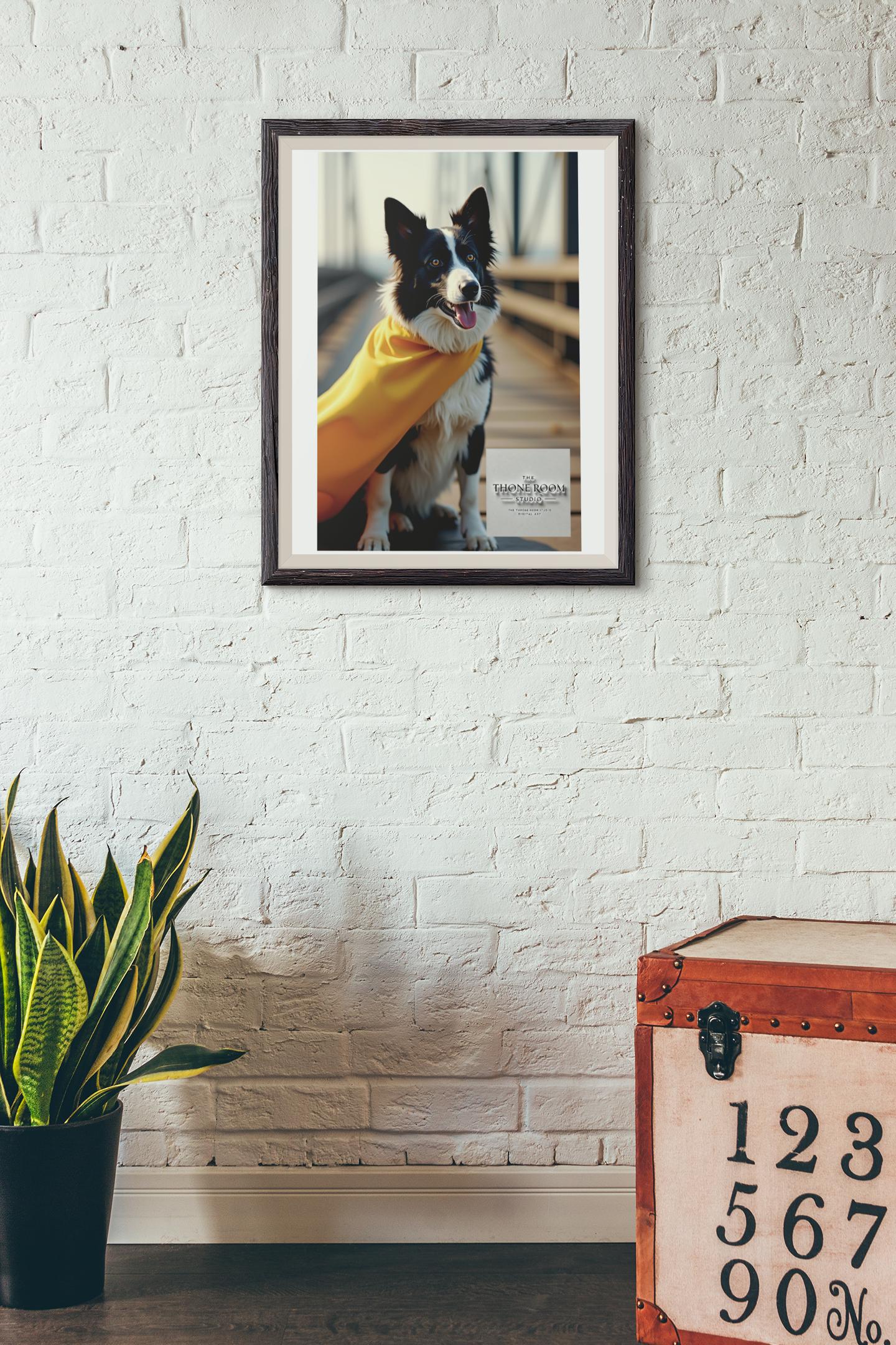 Border Collie Superhero Wall Art - Dog Lover Poster - Heroic Pet Decor - Yellow Cape Dog Print - Unique Gift for Dog Owners