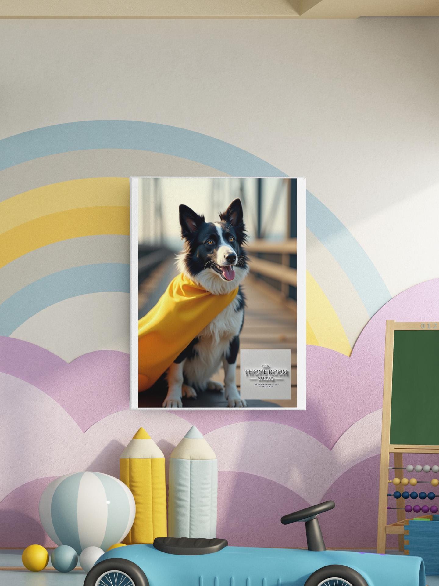 Border Collie Superhero Wall Art - Dog Lover Poster - Heroic Pet Decor - Yellow Cape Dog Print - Unique Gift for Dog Owners