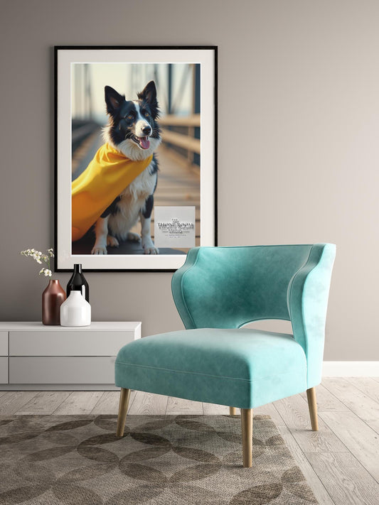 Border Collie Superhero Wall Art - Dog Lover Poster - Heroic Pet Decor - Yellow Cape Dog Print - Unique Gift for Dog Owners