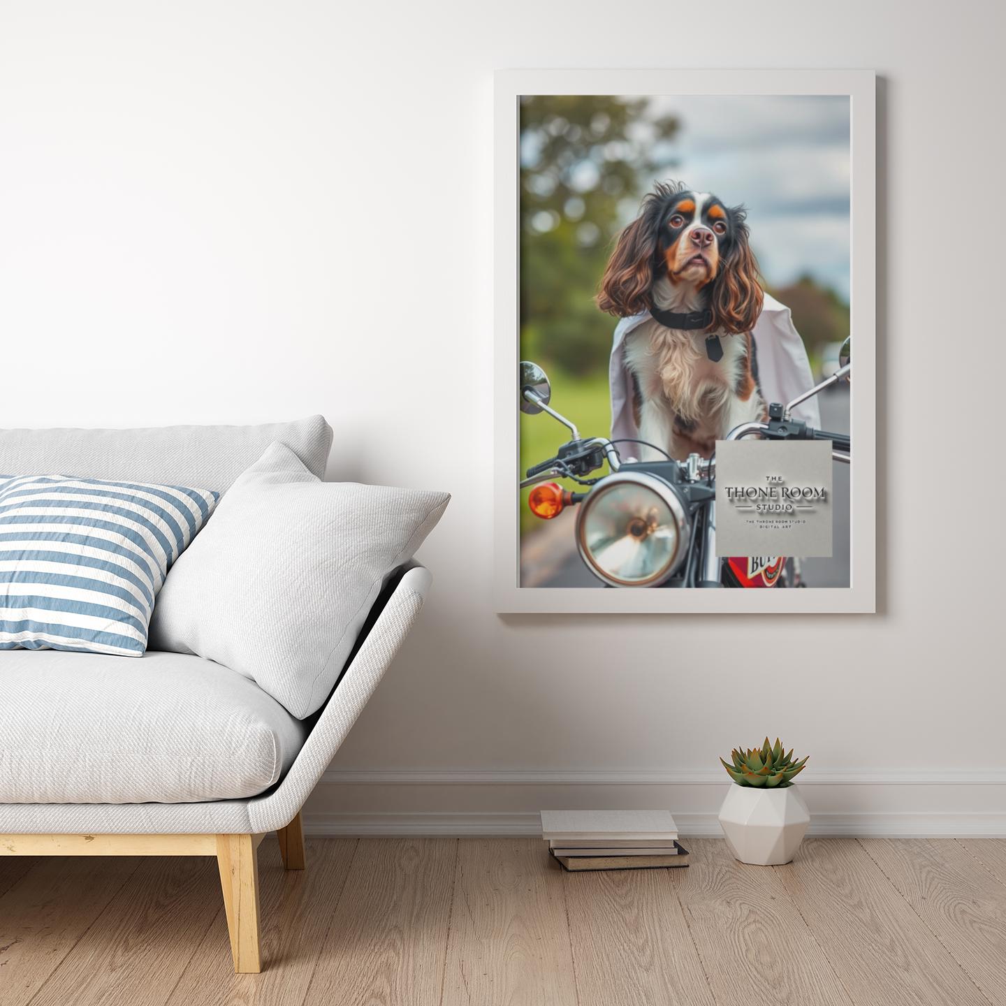 Cocker Spaniel Superhero Wall Art  Dog Lover Poster, Heroic Pet Decor, Motorbike Adventure Print, Unique Gift for Dog Owners