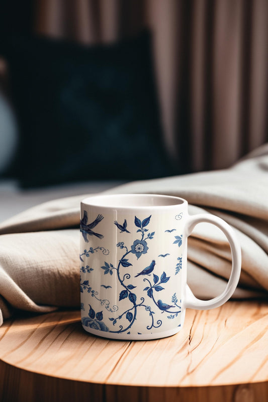 Chinoiserie Mug - Blue & White Floral Porcelain Style - Elegant Coffee Cup  Inspired by Traditional Wall Art and Home Decor