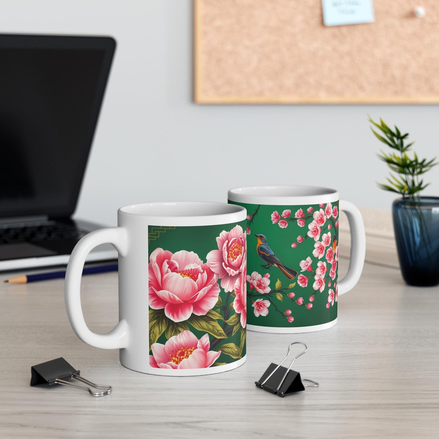 Chinoiserie Mug - Pink Peony & Bird Cup - Vintage Asian-Inspired Design - Classic Floral Art for Home and Matching Wall Art