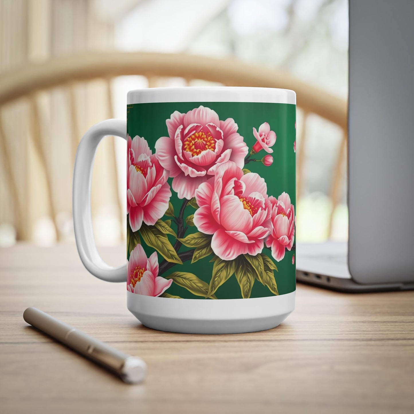 Chinoiserie Mug - Pink Peony & Bird Cup - Vintage Asian-Inspired Design - Classic Floral Art for Home and Matching Wall Art