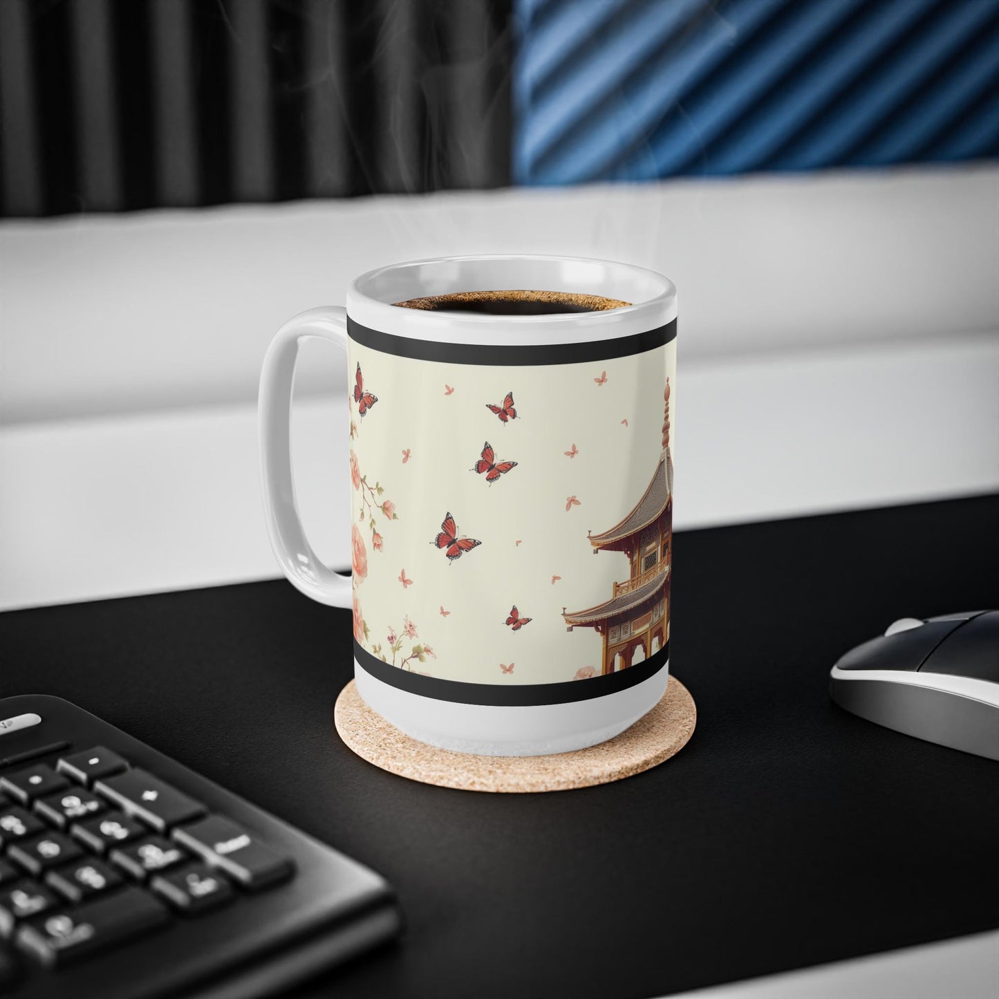 Chinoiserie Mug - Butterfly & Floral Pagoda Design - Classic Asian-Inspired Coffee Cup - Elegant Artwork for Home and Wall Art