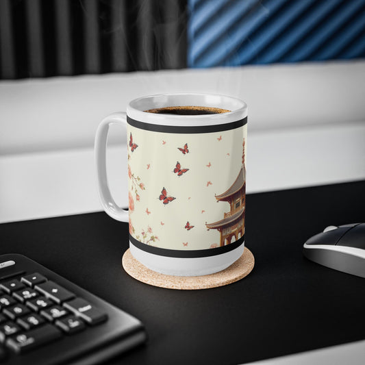 Chinoiserie Mug - Butterfly & Floral Pagoda Design - Classic Asian-Inspired Coffee Cup - Elegant Artwork for Home and Wall Art
