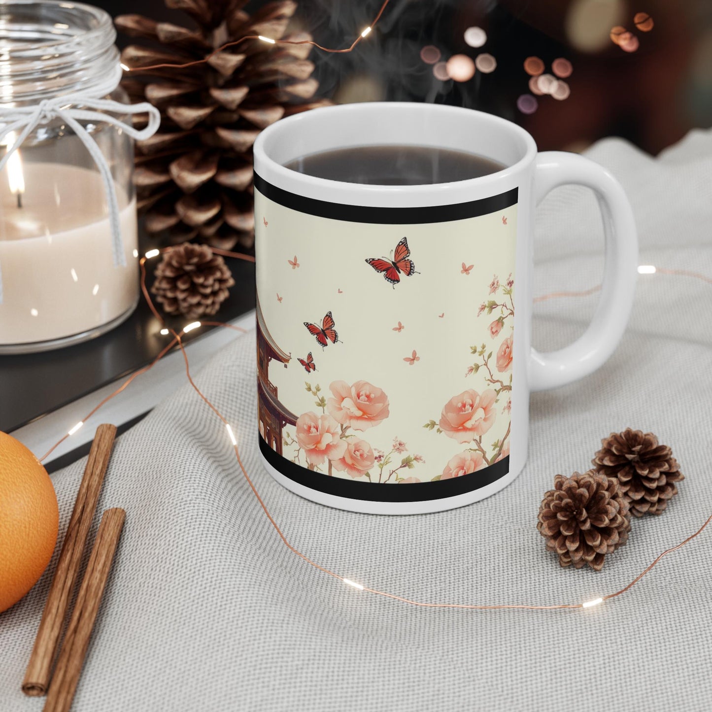 Chinoiserie Mug - Butterfly & Floral Pagoda Design - Classic Asian-Inspired Coffee Cup - Elegant Artwork for Home and Wall Art