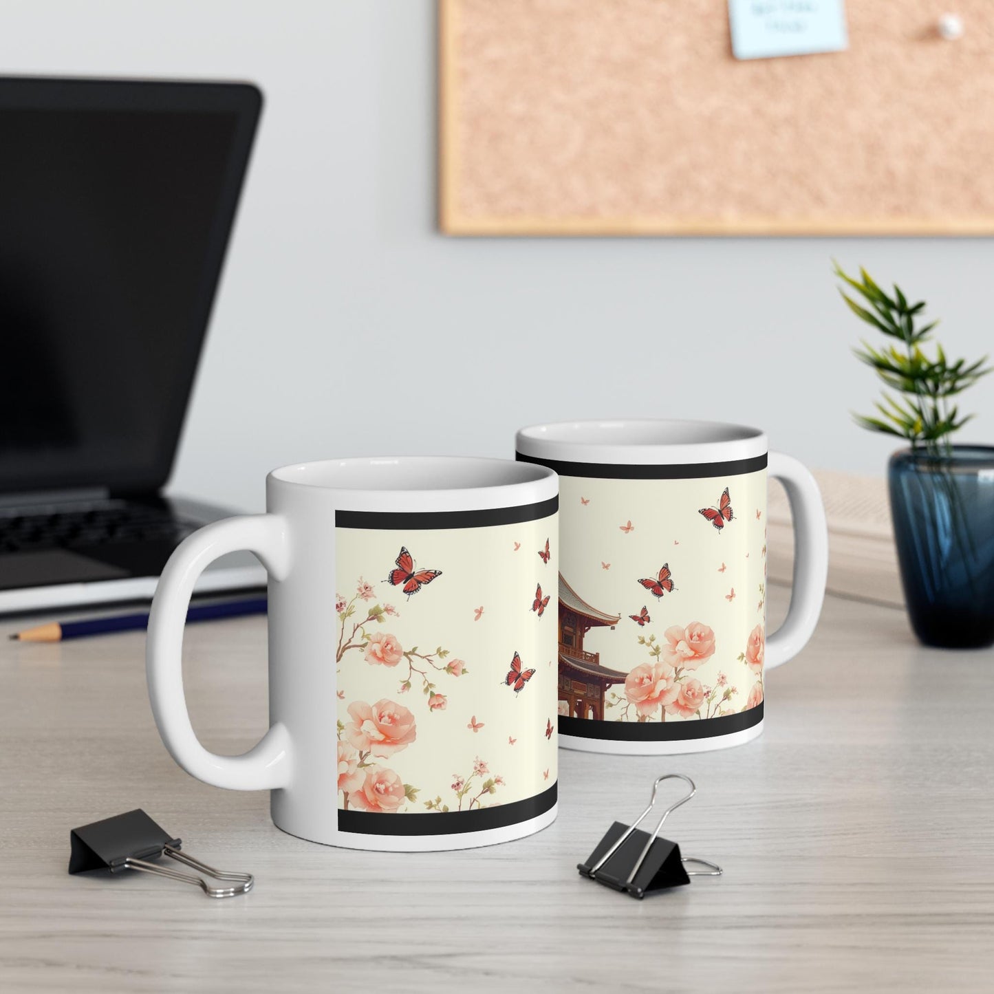 Chinoiserie Mug - Butterfly & Floral Pagoda Design - Classic Asian-Inspired Coffee Cup - Elegant Artwork for Home and Wall Art