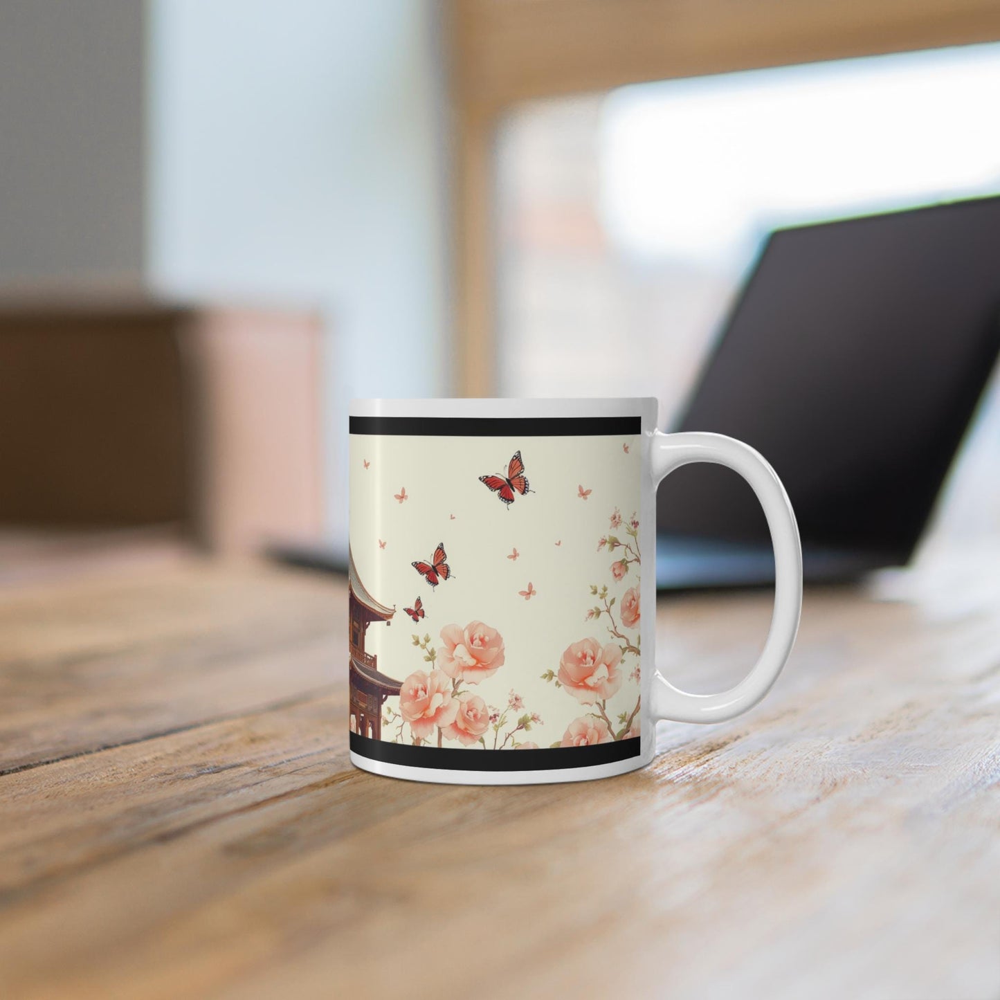 Chinoiserie Mug - Butterfly & Floral Pagoda Design - Classic Asian-Inspired Coffee Cup - Elegant Artwork for Home and Wall Art